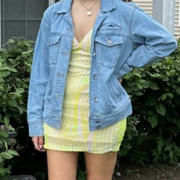 Juniors Sequined Body Con Dress Neon Yellow and Cream, Size Small - Picture 1 of 5
